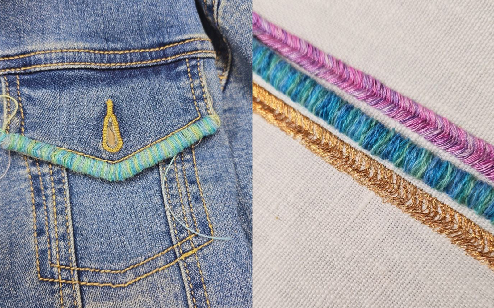 Denim jacket with padded stitching and rows of fringe stitching on white fabric