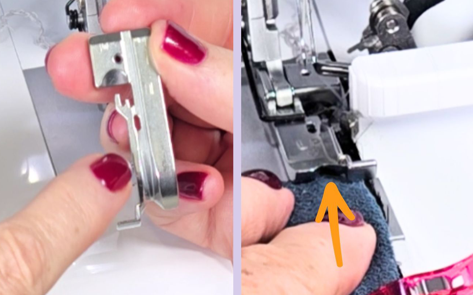 Rille auf der Unterseite des Paspelfußes der Brother Overlocker.