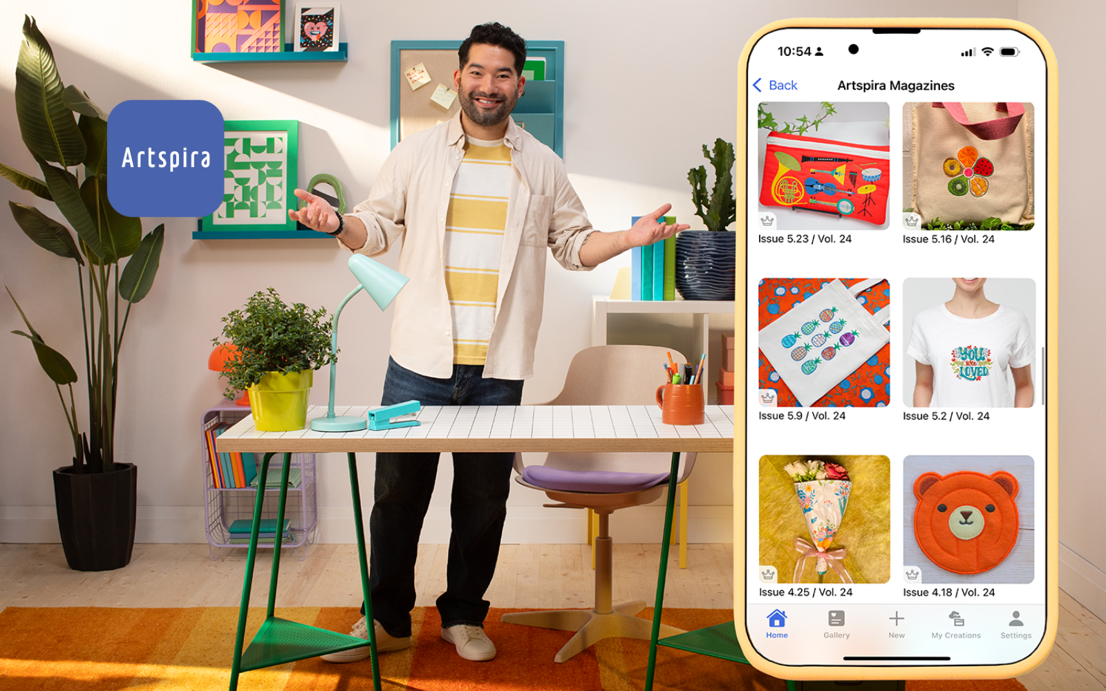 man with mobile showing Artspira Weekly Inspo projects