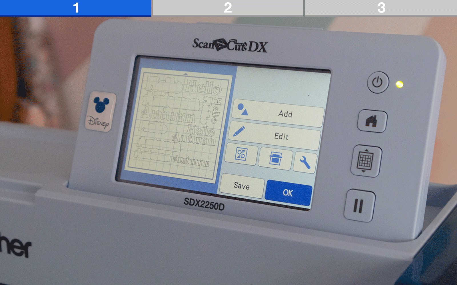 3 close ups of Brother ScanNCut SDX2250D touchscreen.