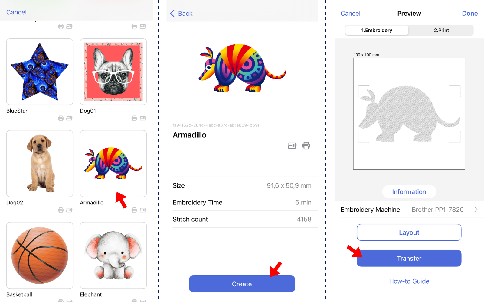 Sending embroidery design screenshots from Artspira app