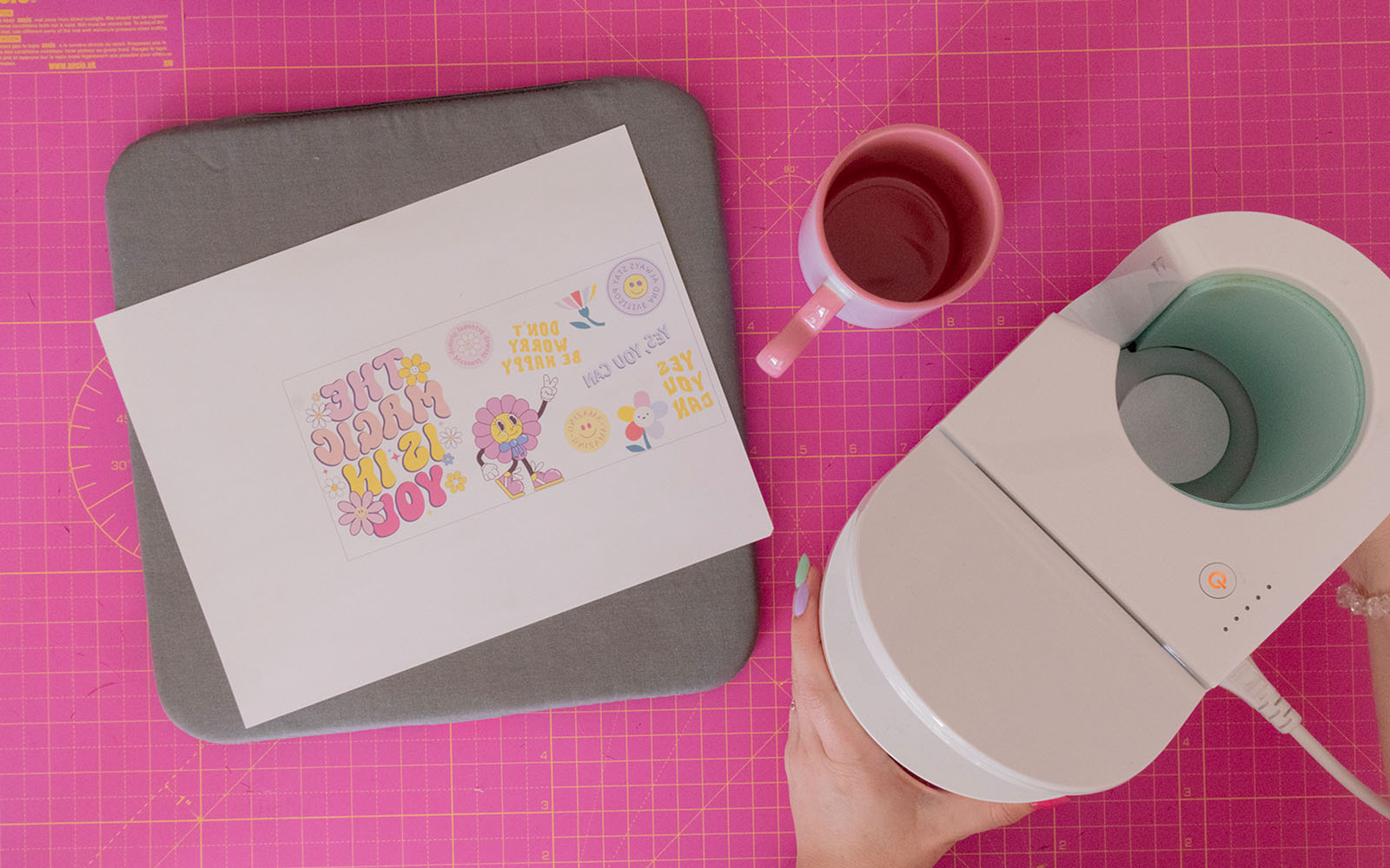 Printed SP1 sublimating design, a mug, and a heat press