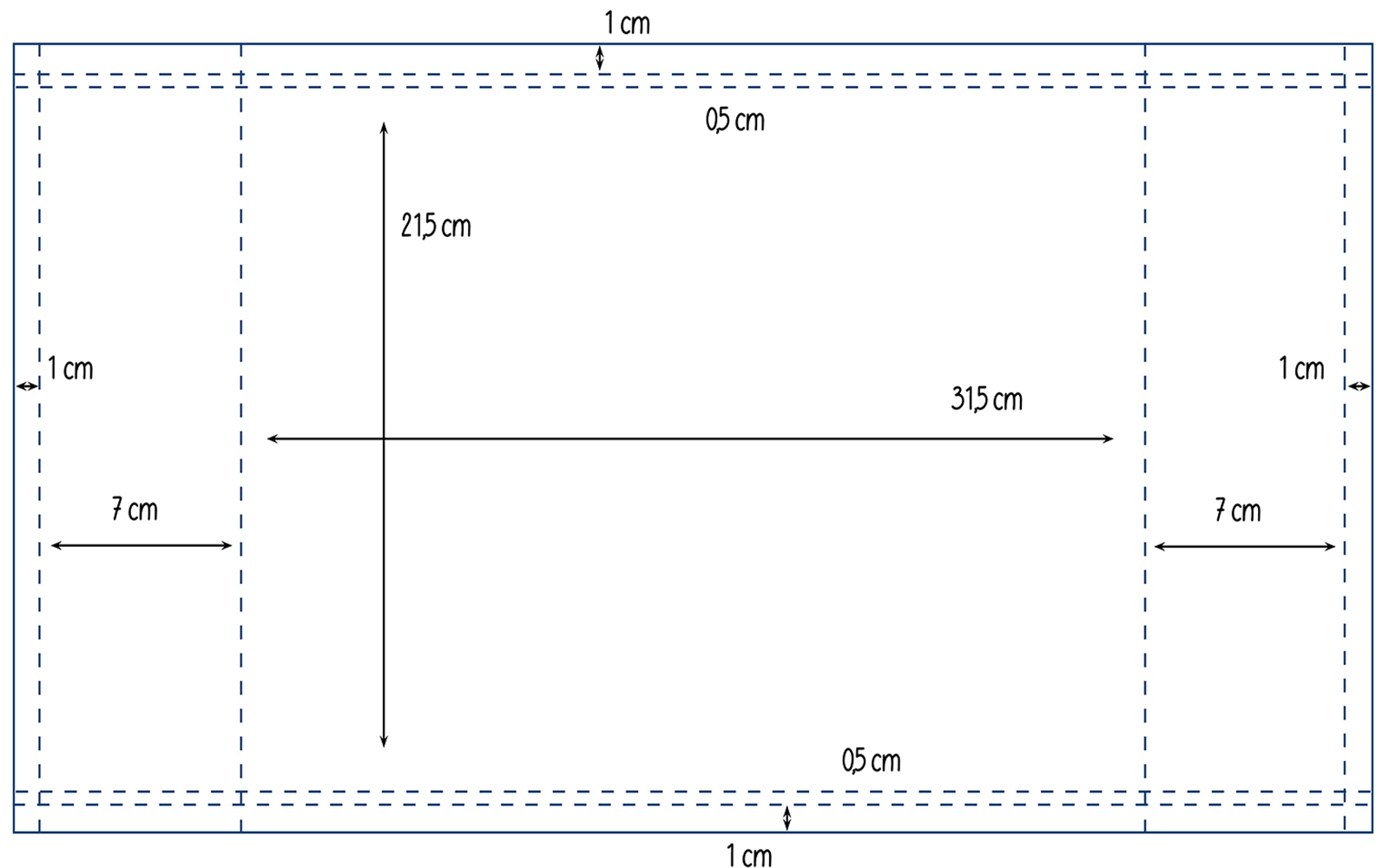 Diagramm der Maße für einen Bucheinband aus bedrucktem Stoff.