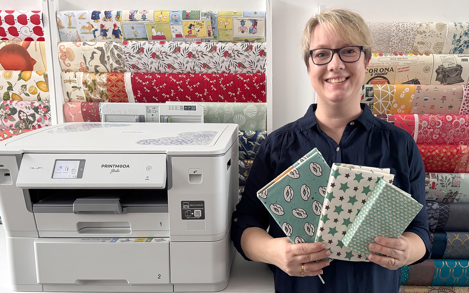 missredfox next to Brother PrintModa Studio fabric printer