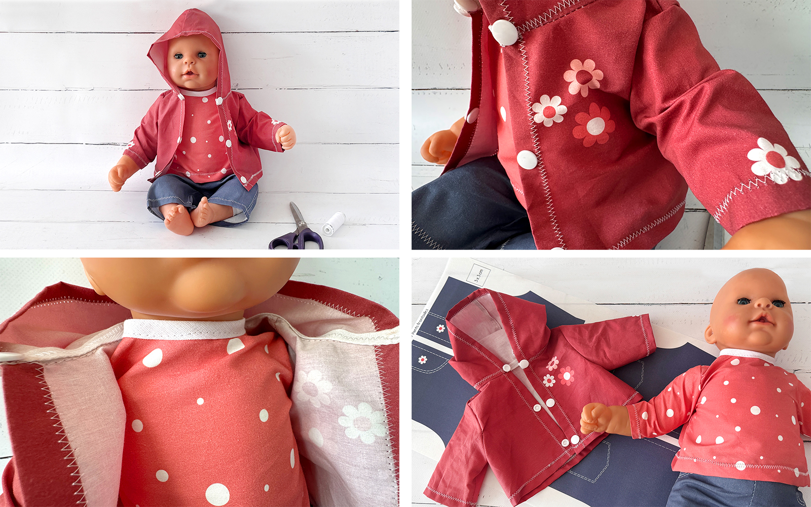 Detail of dolls clothes sewn from PrintModa printed fabric.