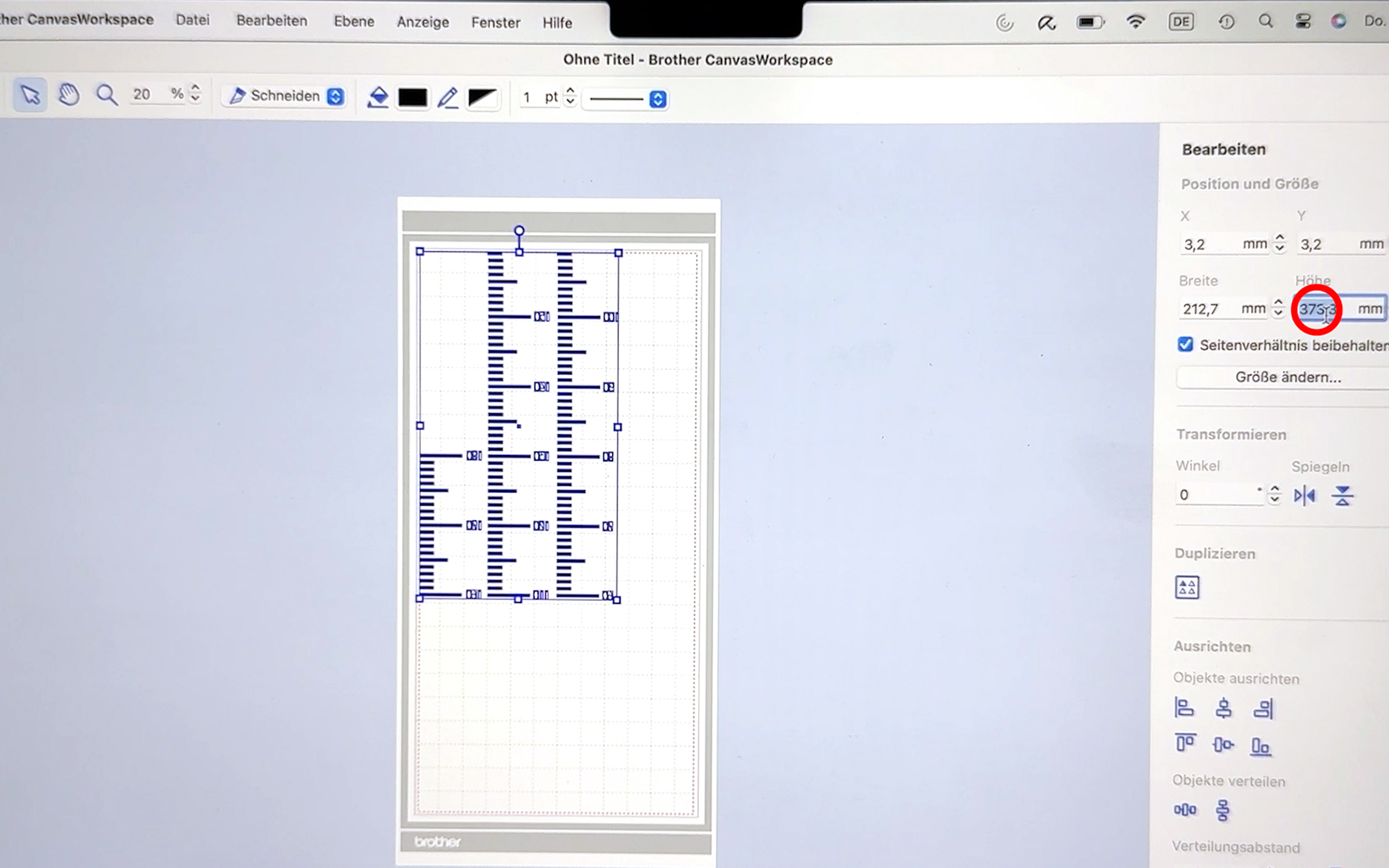 Height chart ScanNCut scales in CanvasWorkspace.