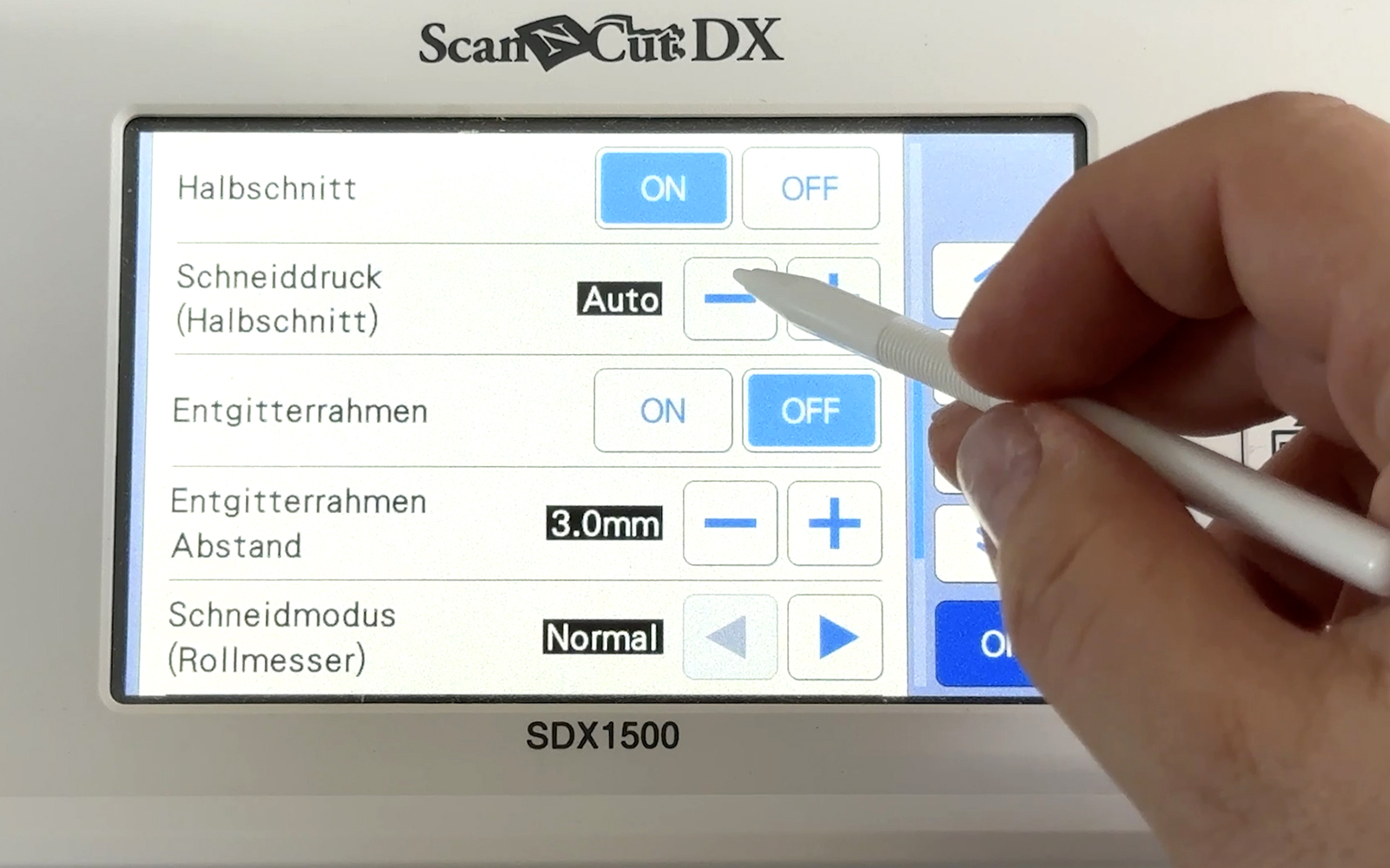 Selecting features on a Brother ScanNCut machine settings.