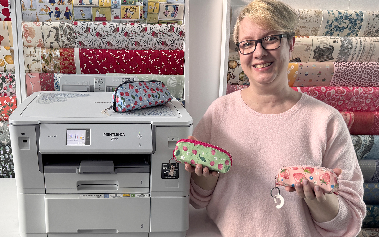 Missredfox with her pencil cases made on Brother PrintModa.