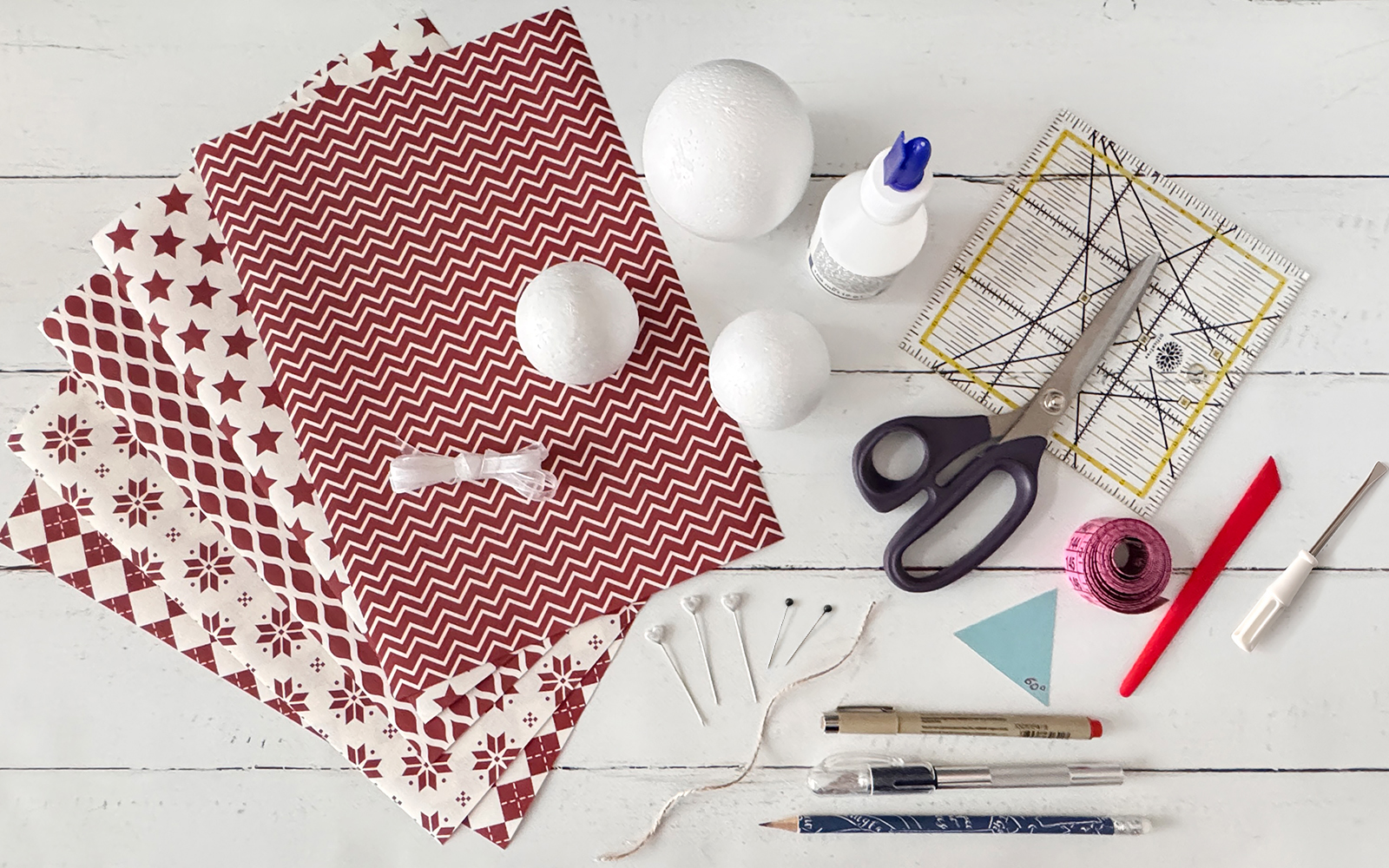 Selection of materials needed to make fabric baubles
