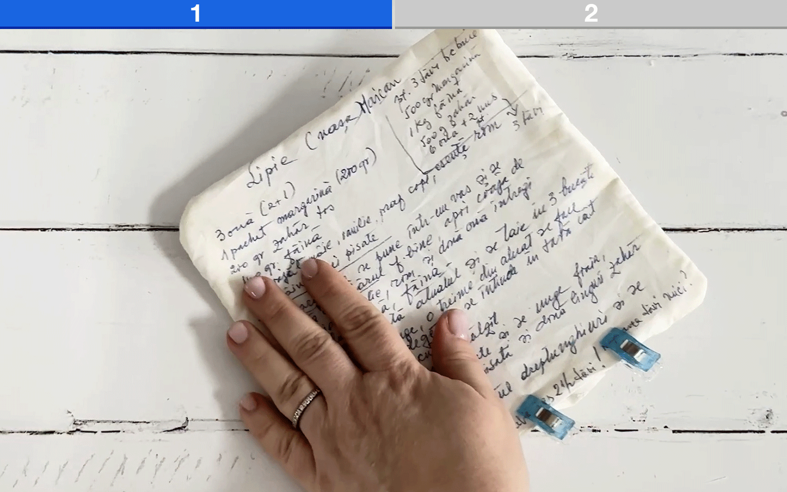 Sewing edging of potholder with recipe