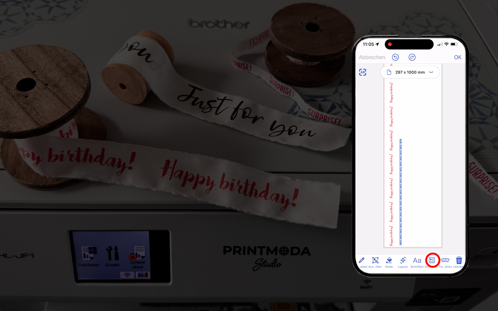 Repeated lines of customisable text on Brother Artspira screen