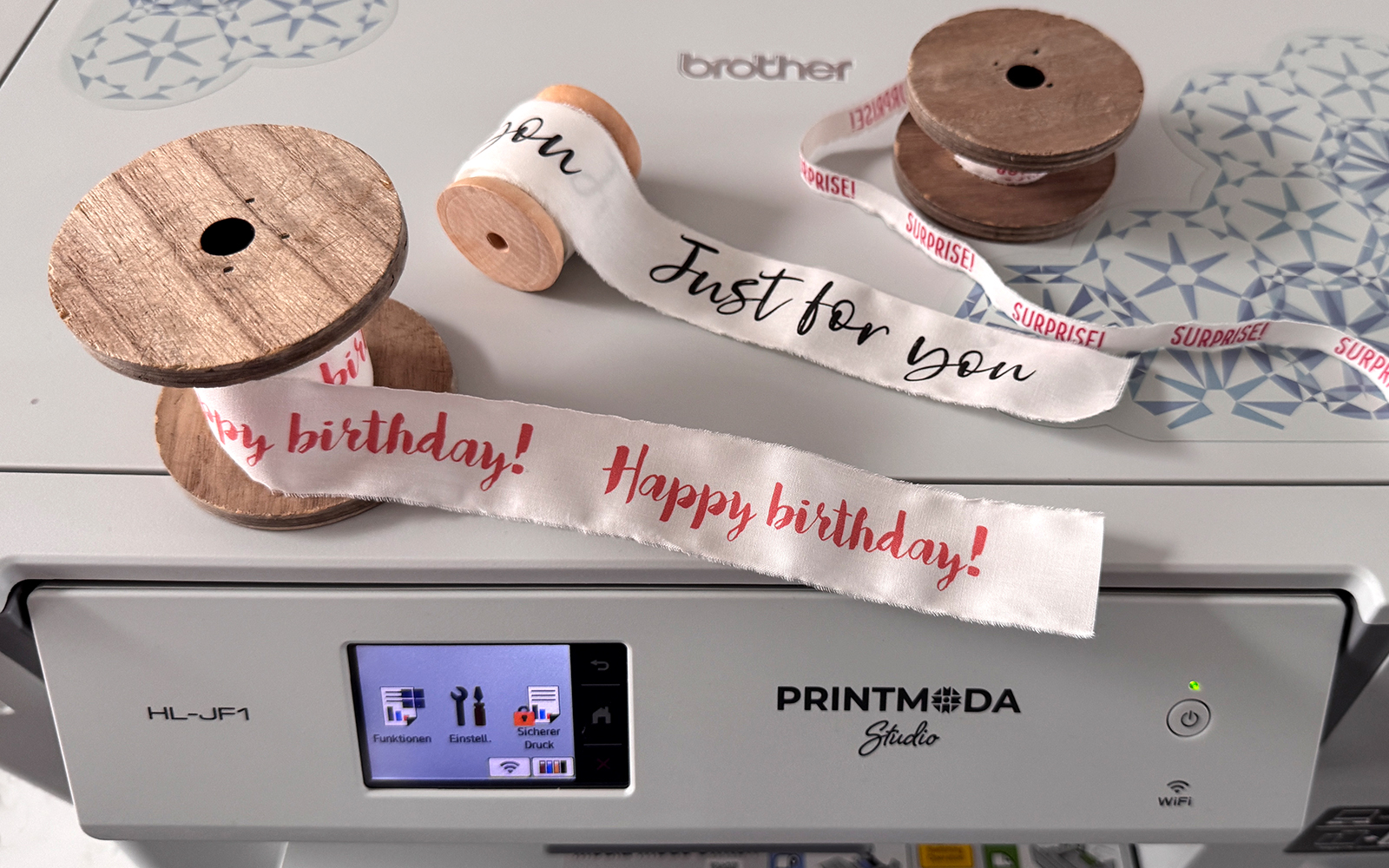 Custom printed ribbons on top of Brother PrintModa Studio fabric printer