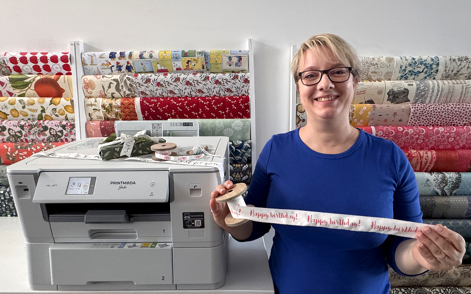 missredfox next to Brother PrintModa Studio fabric printer