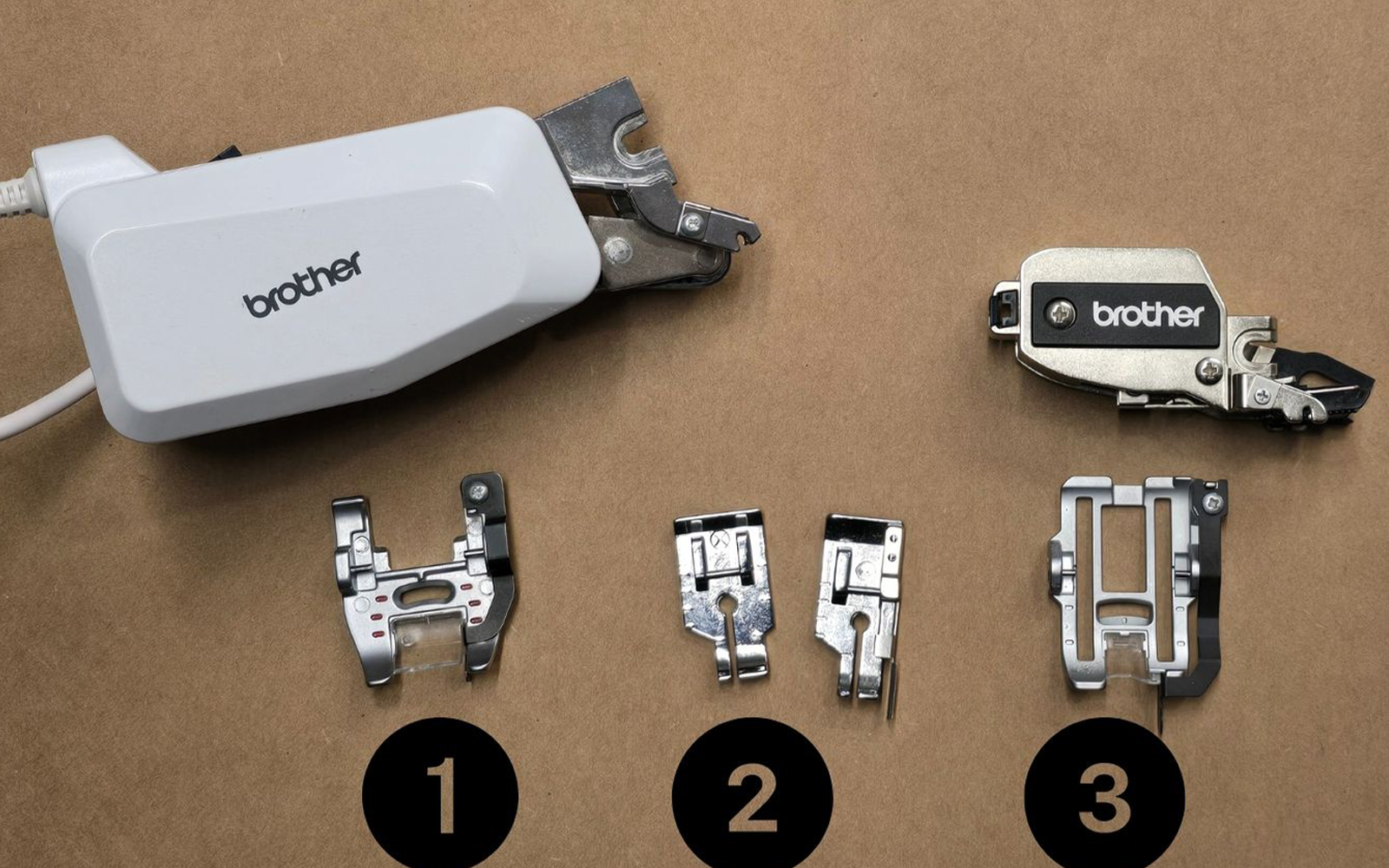 DFF plus ¼ inch attachment, ¼ inch feet, dynamic walking foot with guide, numbered as above.