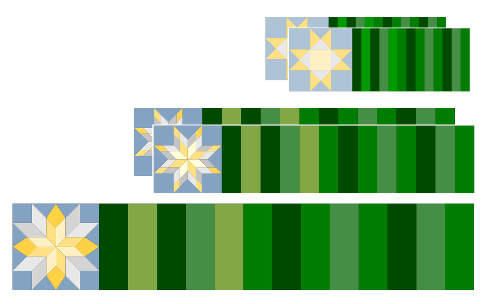 Green striped quilt panels with star blocks diagram.