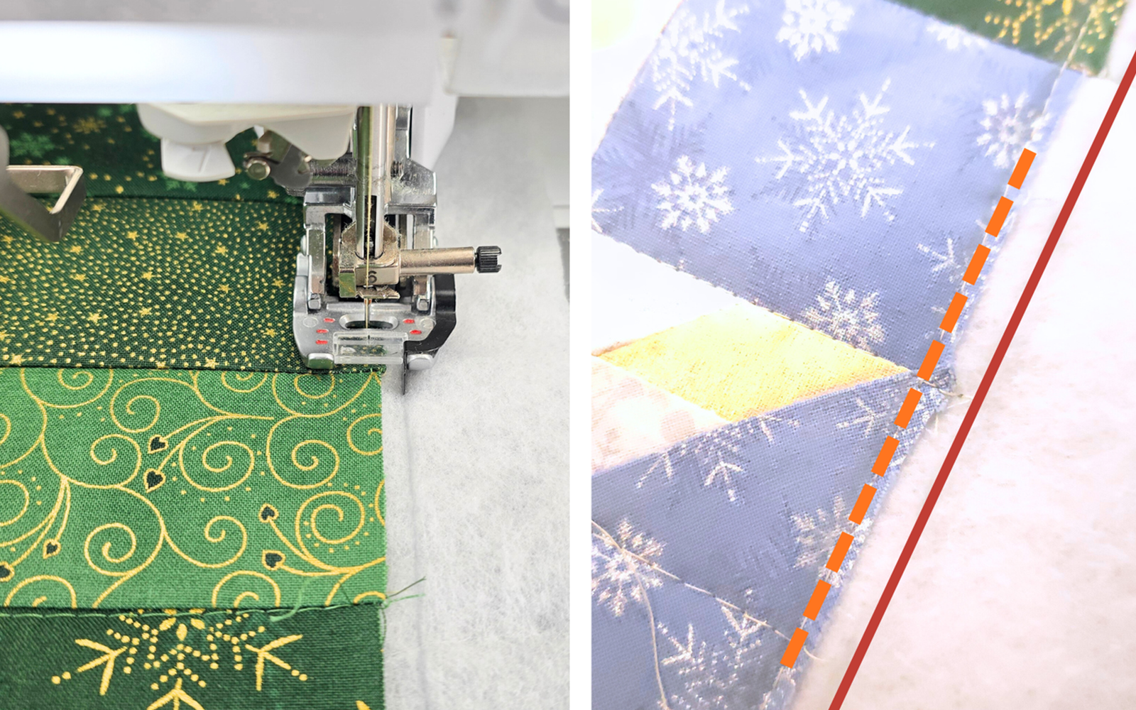 Close-up van Brother-naaimachine die op groene quilt naait.