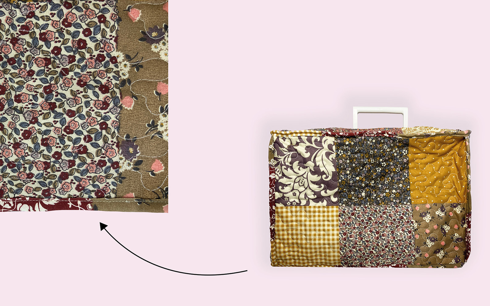 Housse de machine à coudre créée à partir d'un quilt et détail de la reliure.