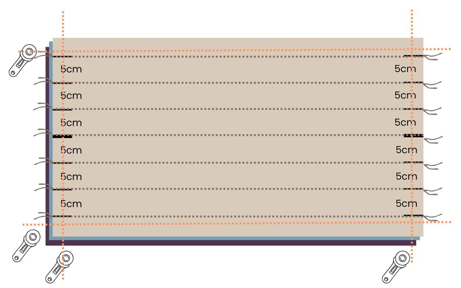 Diagram showing handbag stitching and cutting lines