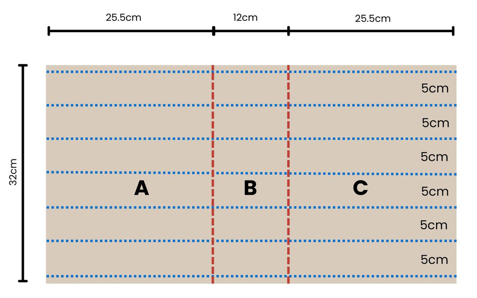 Sewing diagram with red and blue lines