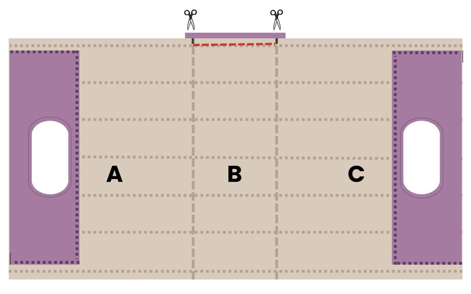 Diagram shows bag handle panels and snipping positions