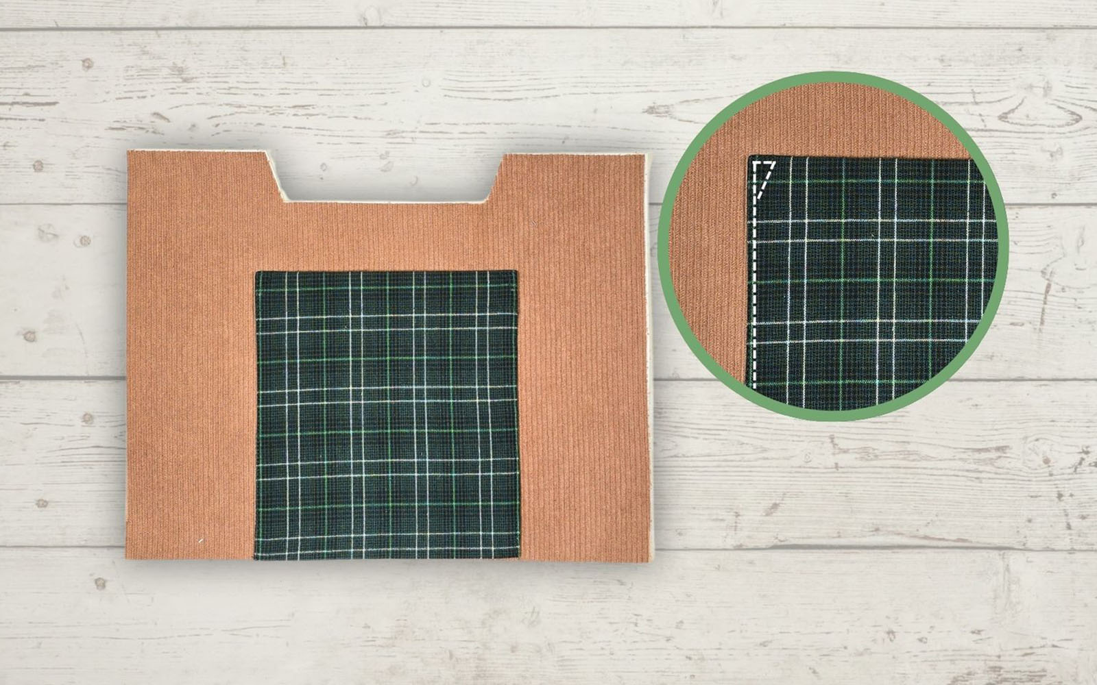 Green pocket placed on brown cord bag sewing panel