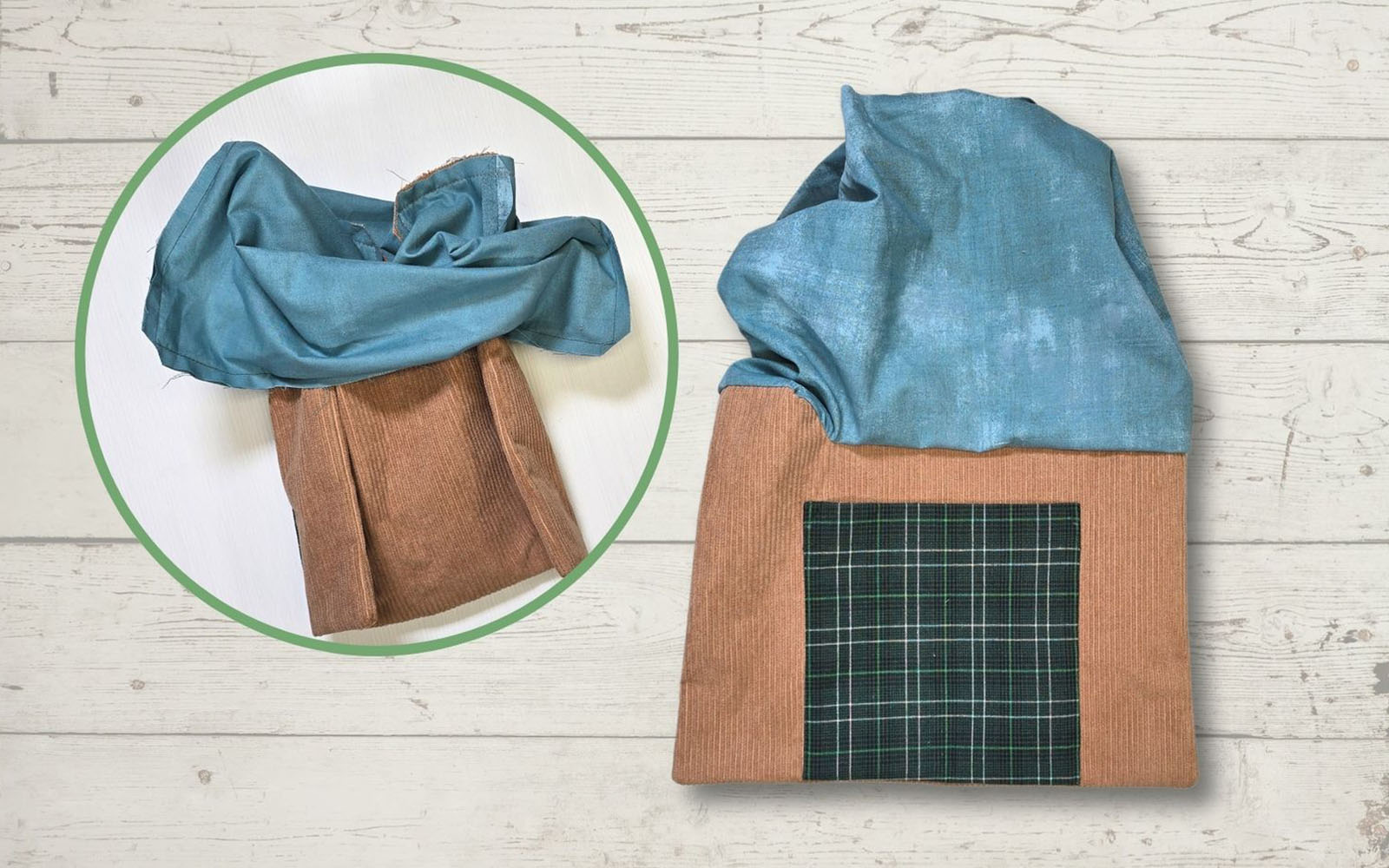 Corduroy bag pulled through aqua bag lining
