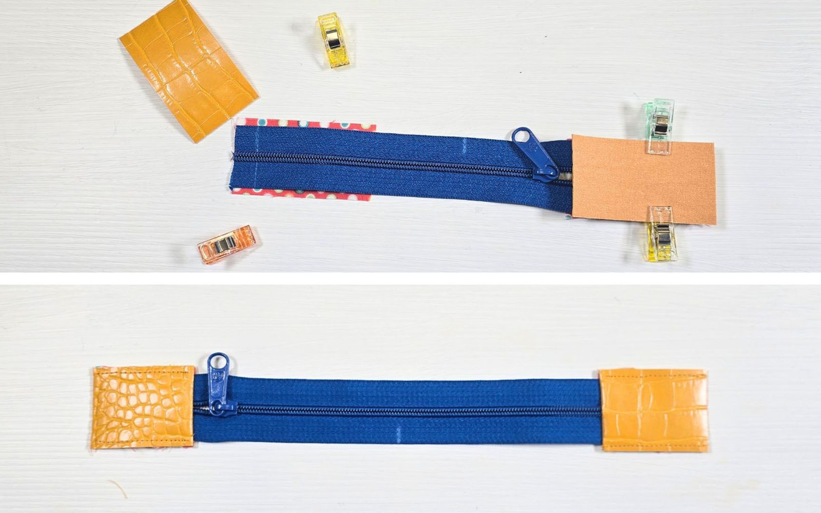 Yellow vinyl zipper tabs sewn onto blue zippers