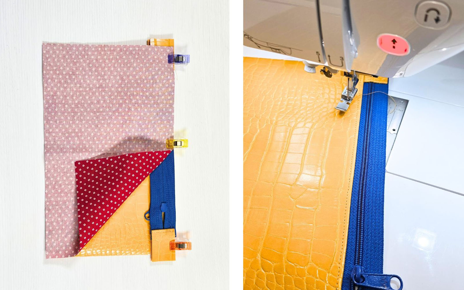 Yellow pleather pieces sewn to blue zipper