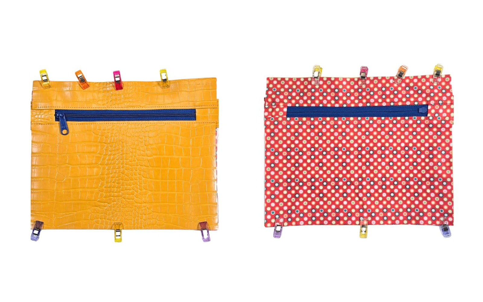 Gelbe Vorderseite, rote Rückseite der Clutch Bag mit Nähklammer