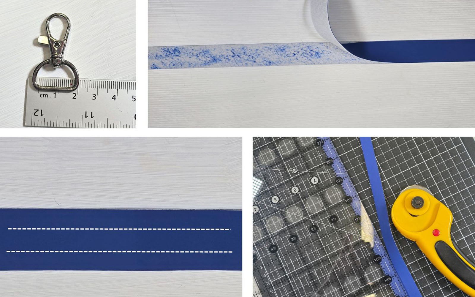 Blue bags straps made and cut on black cutting mat