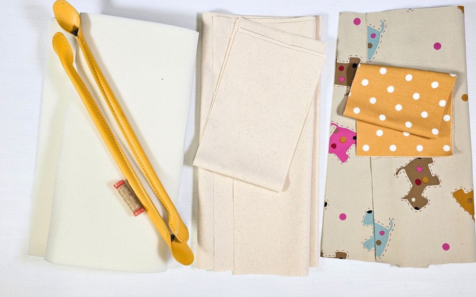 yellow and cream sewing fabrics and tote bag handles