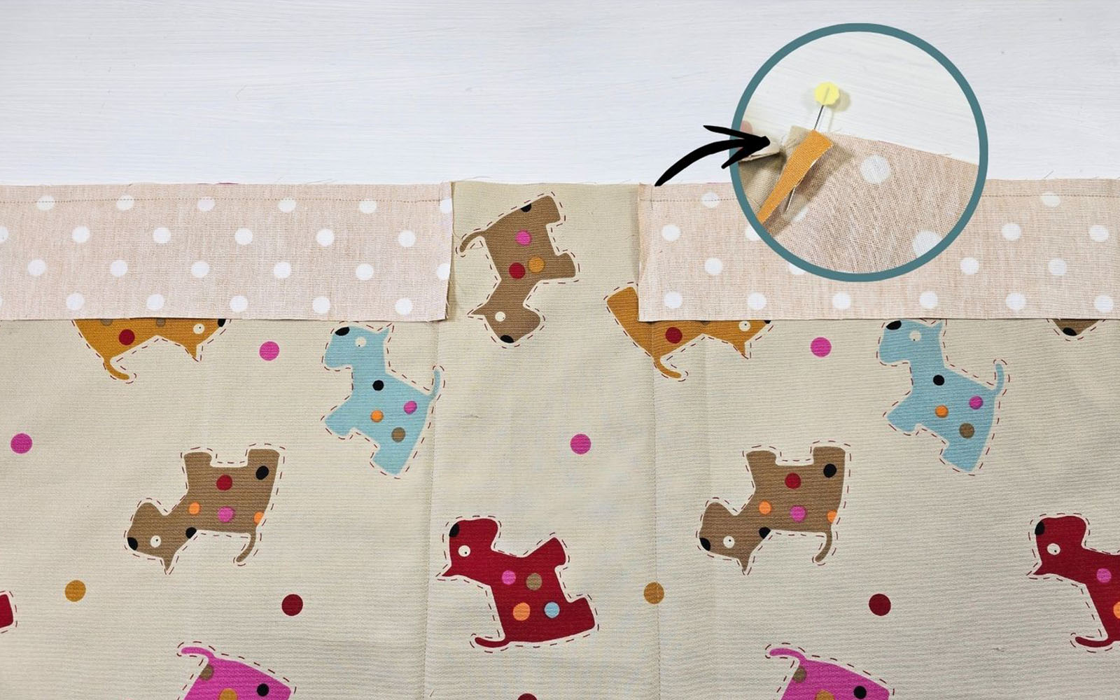 Cream fabric with colourful dogs and polka dot fabric