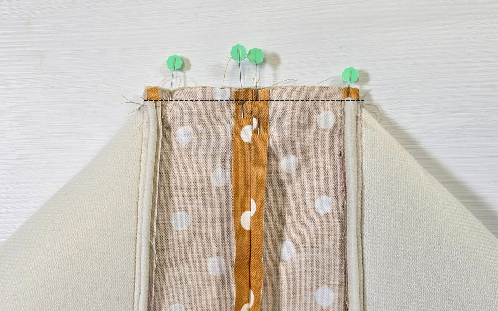 Black sewing line marked on yellow tote bag gusset