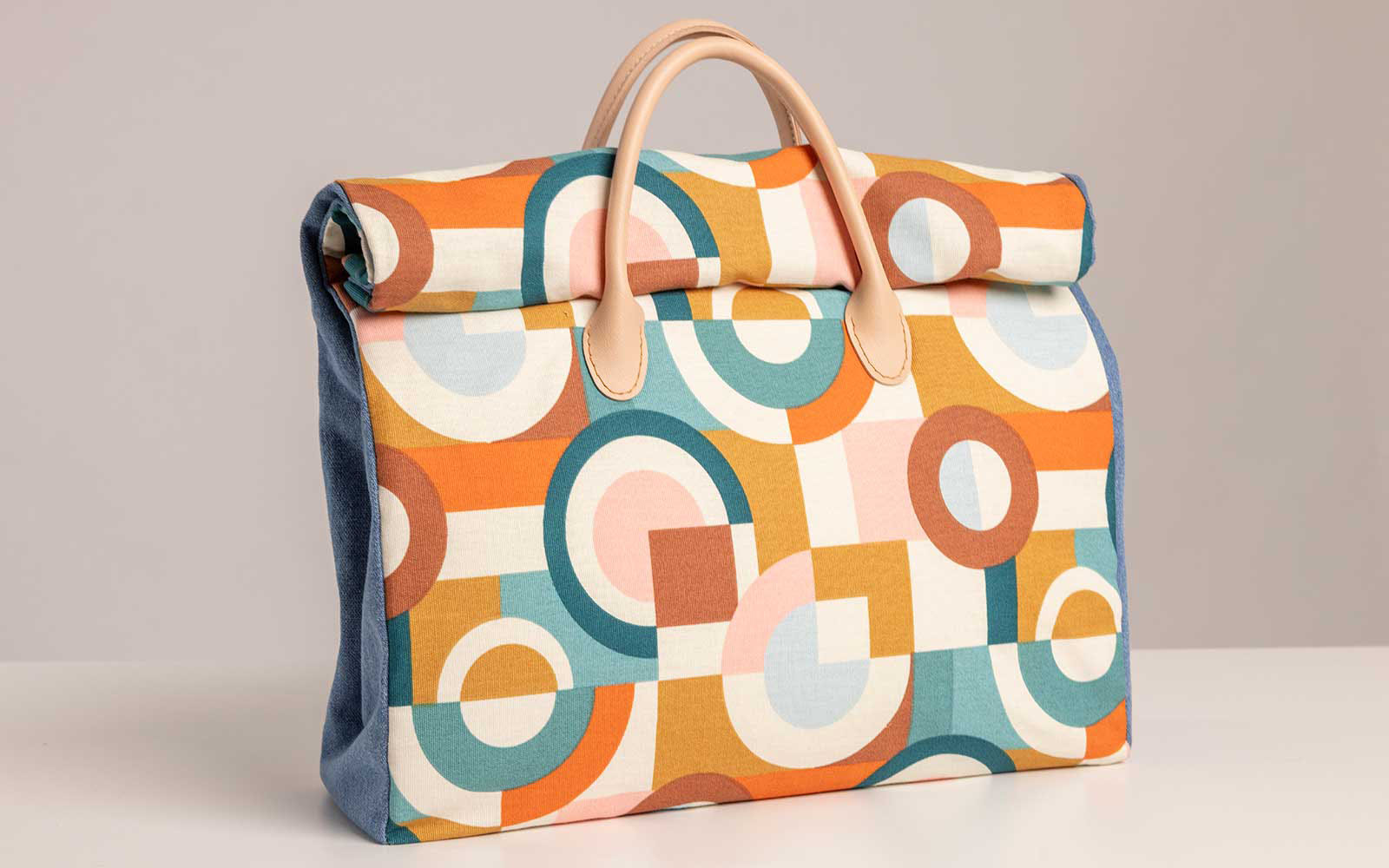 Geometric shapes tote fabric bag with pink handles