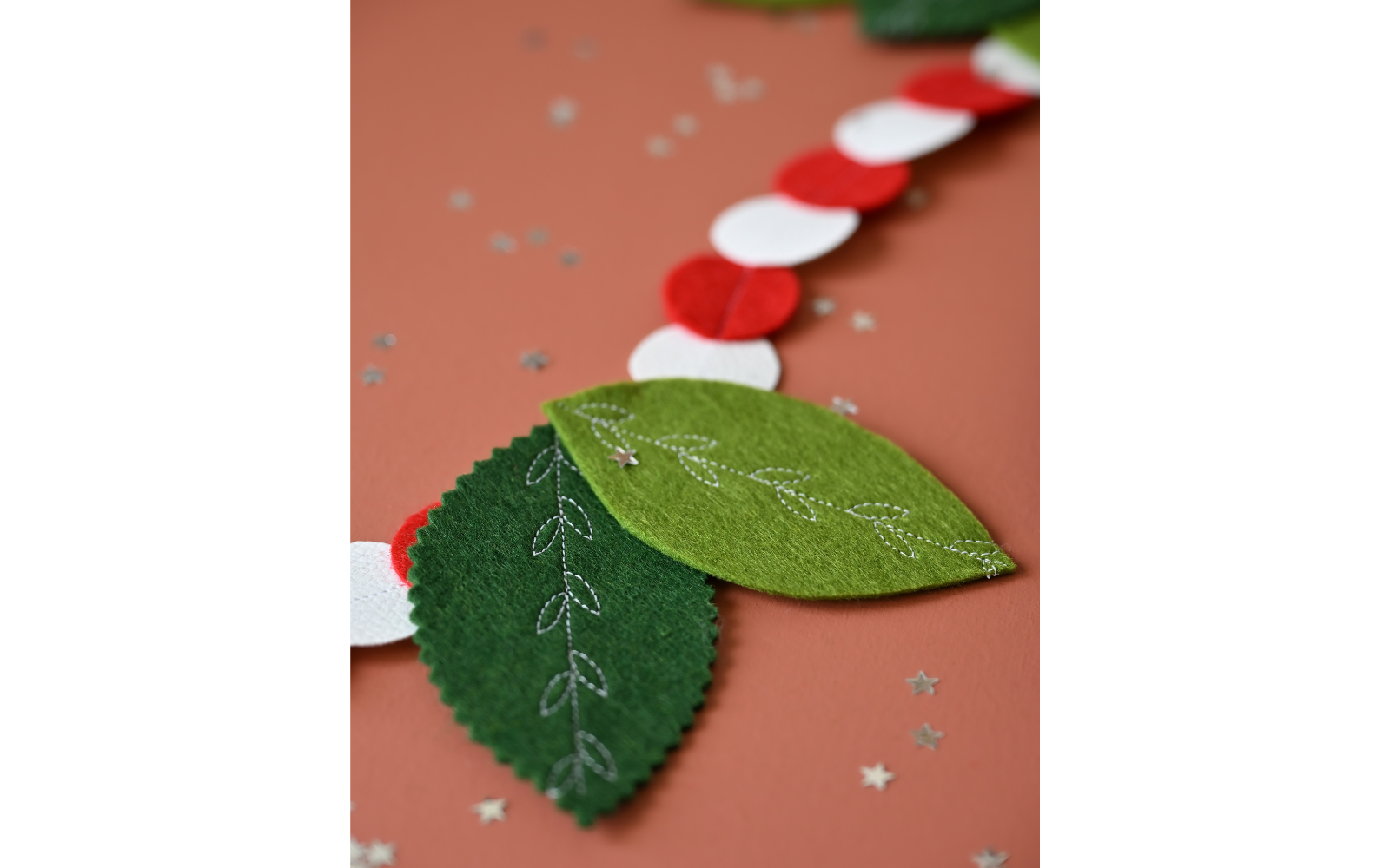 deux feuilles de feutrine verte ornées de points décoratifs blancs  