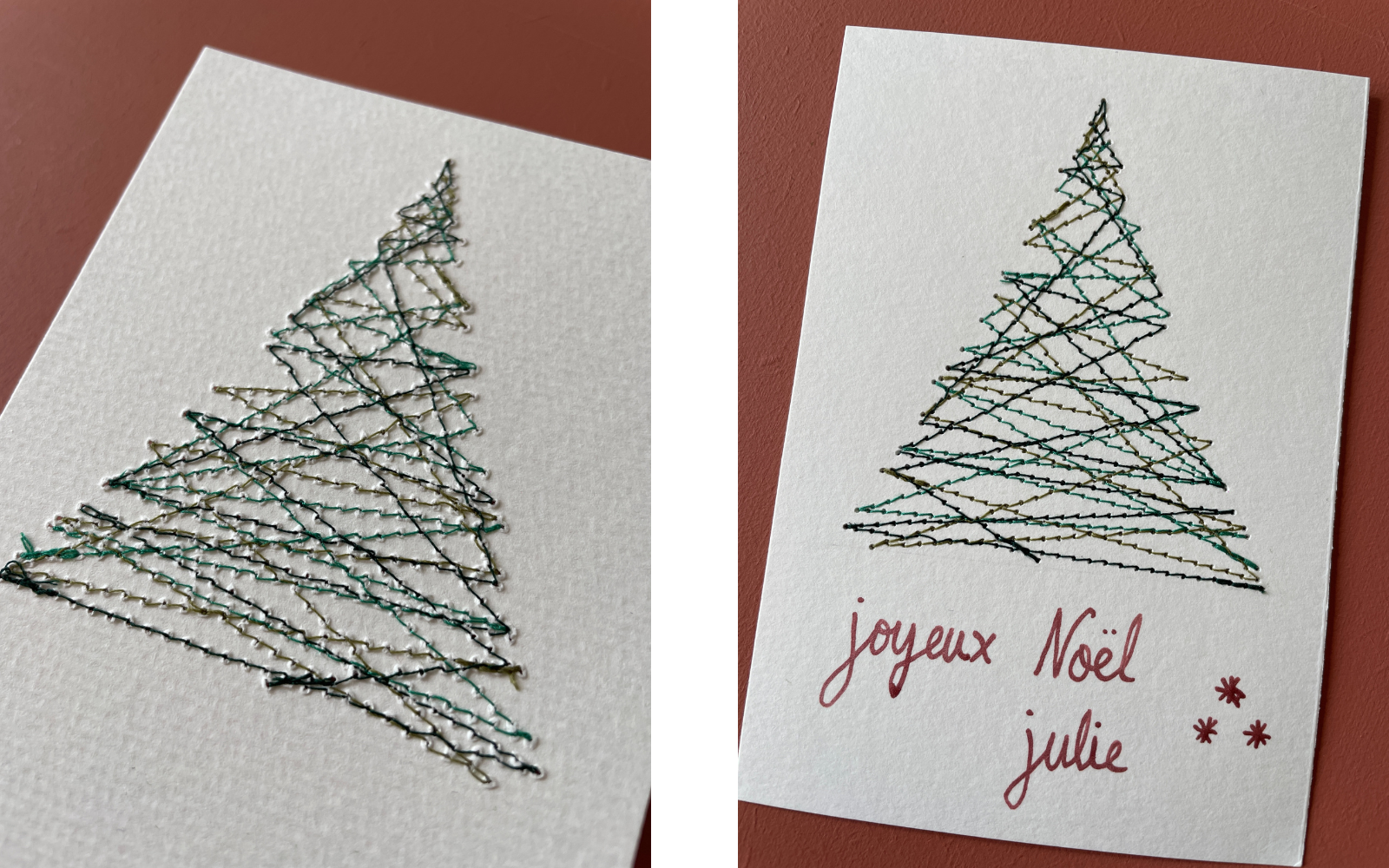 Vorder- und Rückseite einer Postkarte mit genähtem Weihnachtsbaum