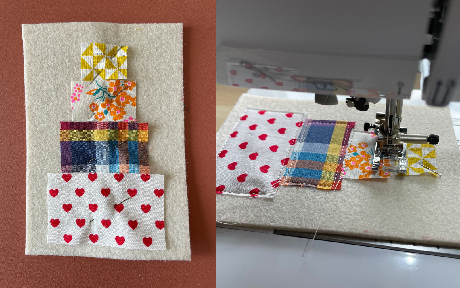 Brother sewing machine sewing scrap fabric onto felt