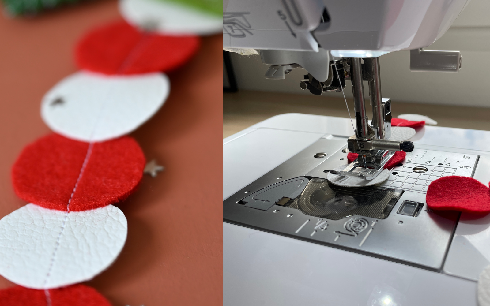 Garland of red and white circles on Brother sewing machine