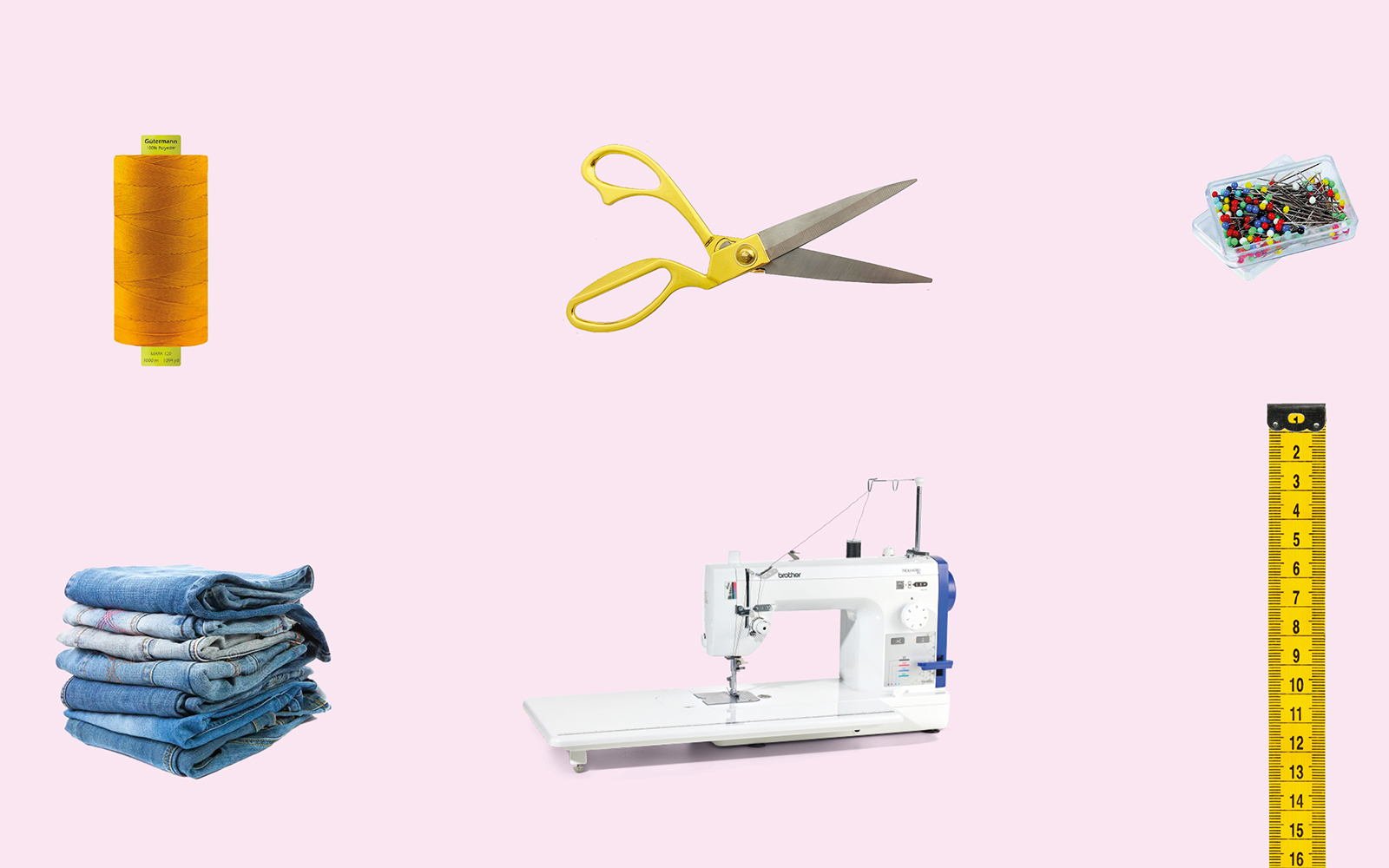 Nähmaterial und Brother PQ1600s Nähmaschine auf rosa Hintergrund