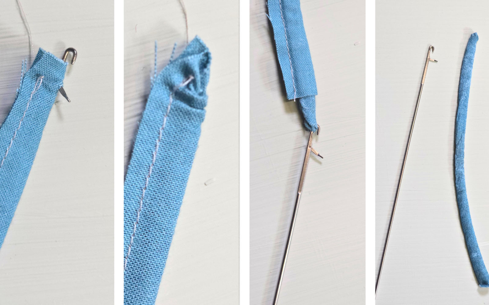 tirer la bande de tissu bleu à l'aide du crochet retourne-biais