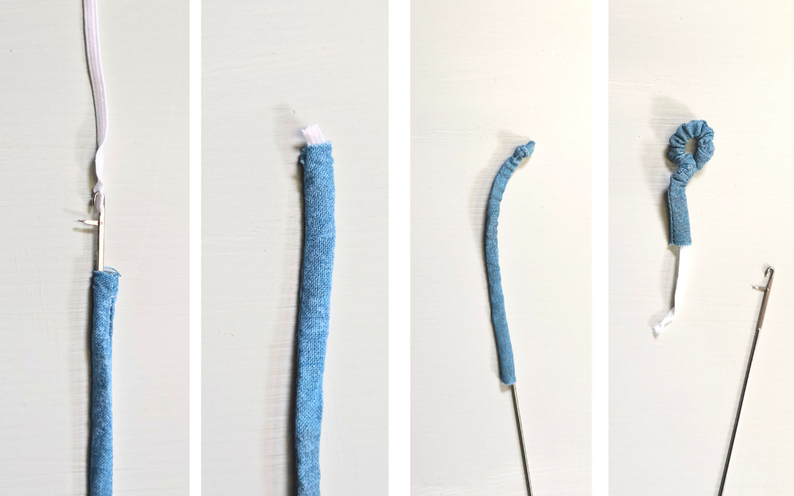 Creating toy pig’s tail from blue fabric and elastic