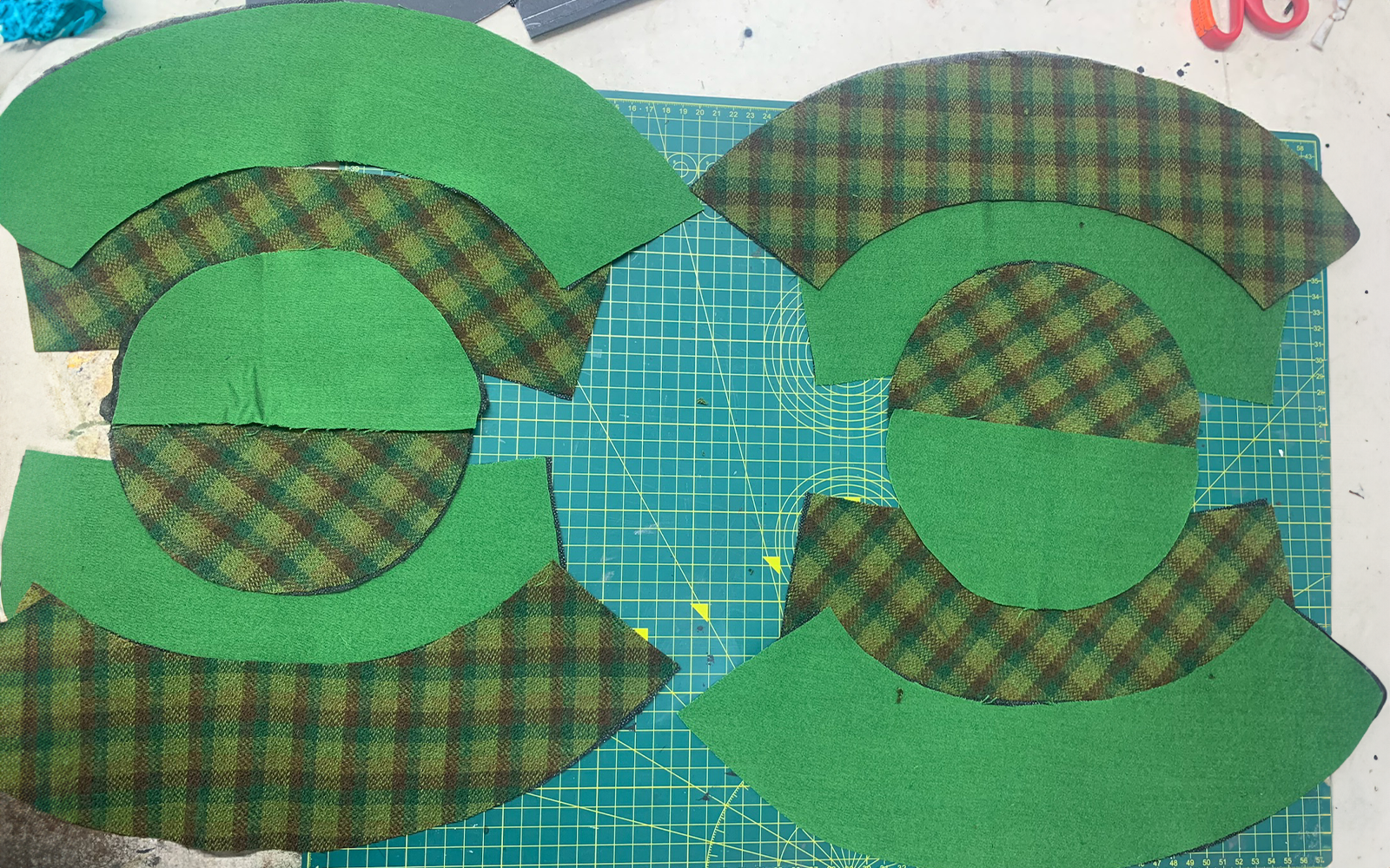Fabric pieces for Raph’s hat mixed