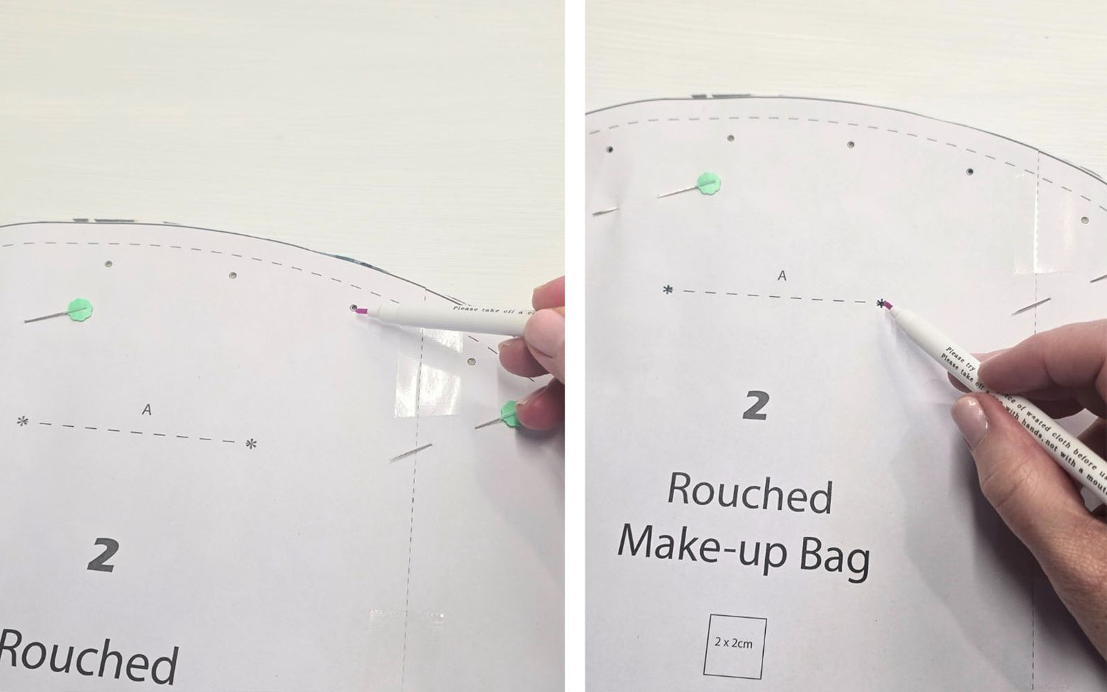 Transferring sewing construction marks to bag pieces.