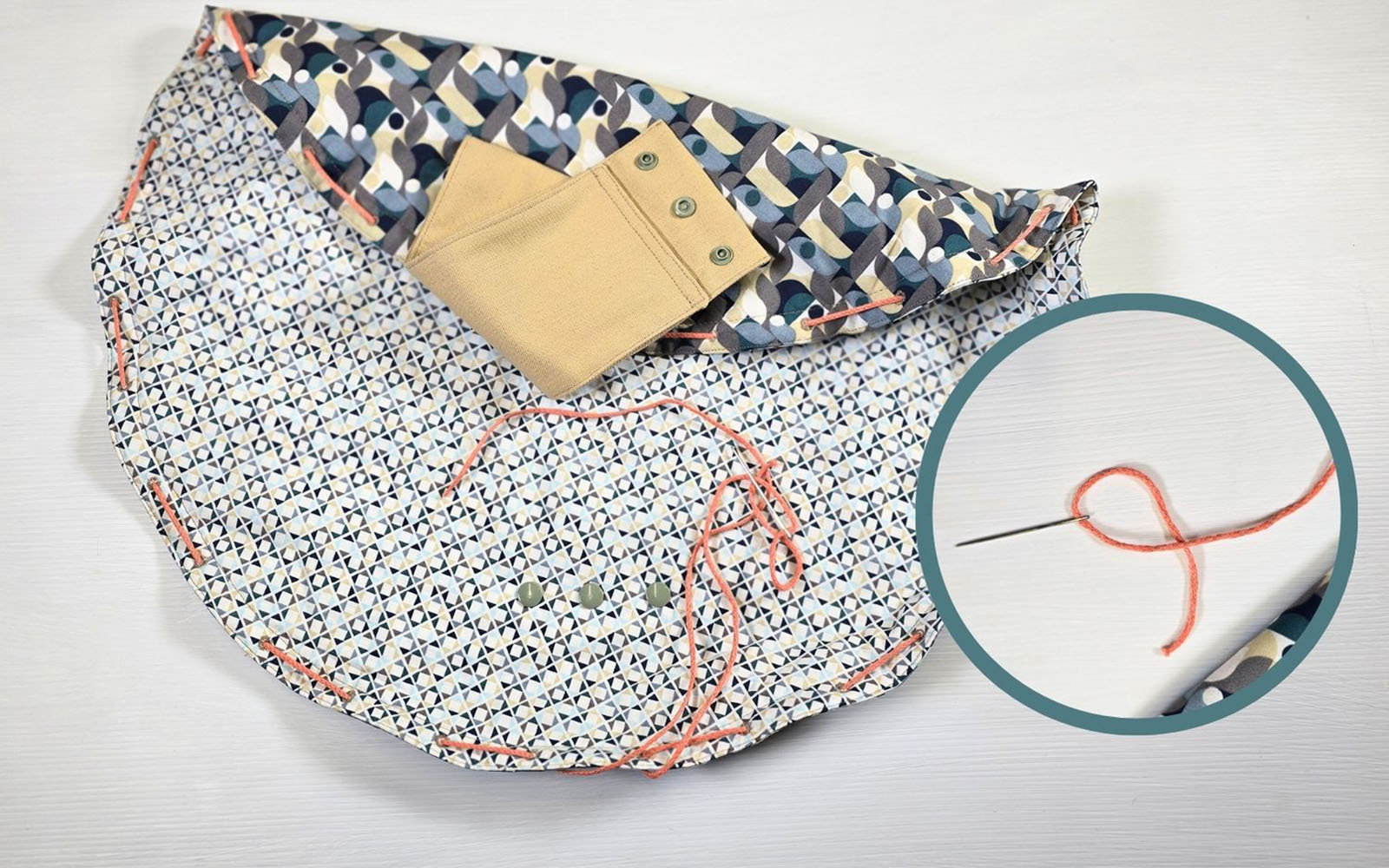 Threading cord through eyelets in make-up bag