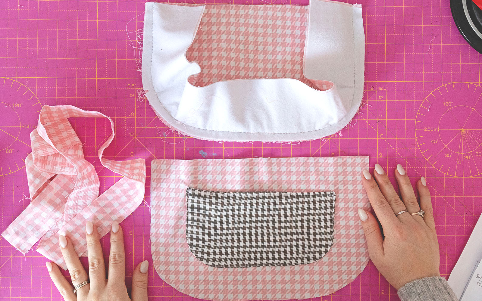 gingham bag with white side piece ready to sew together