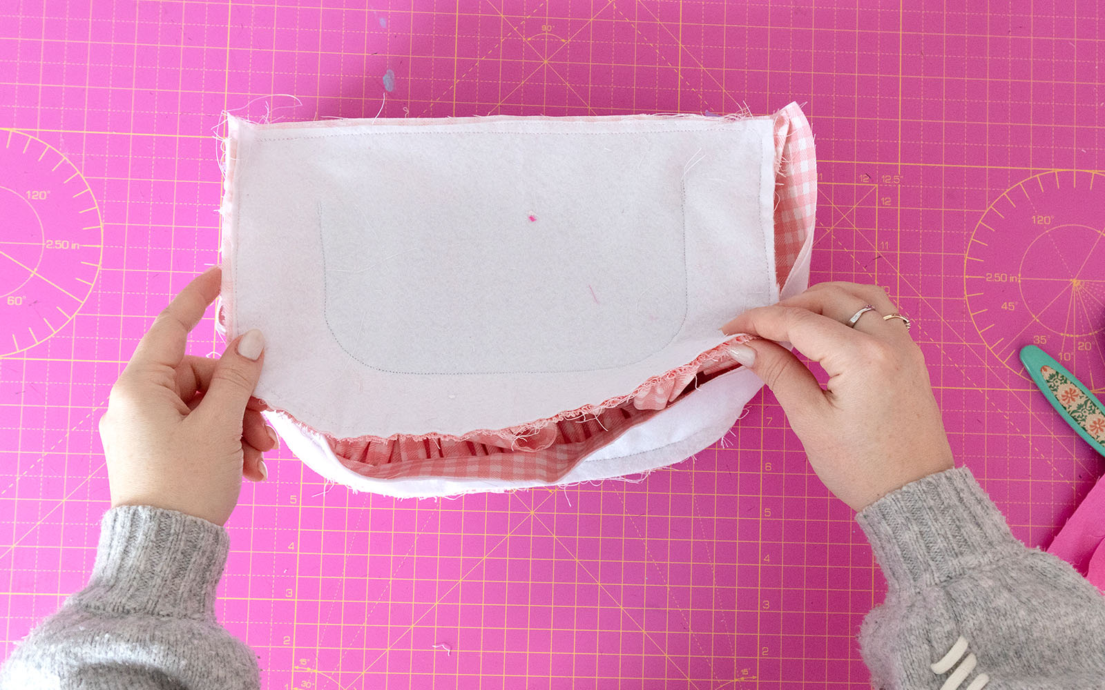 prepping two sides of bag to be sewn together