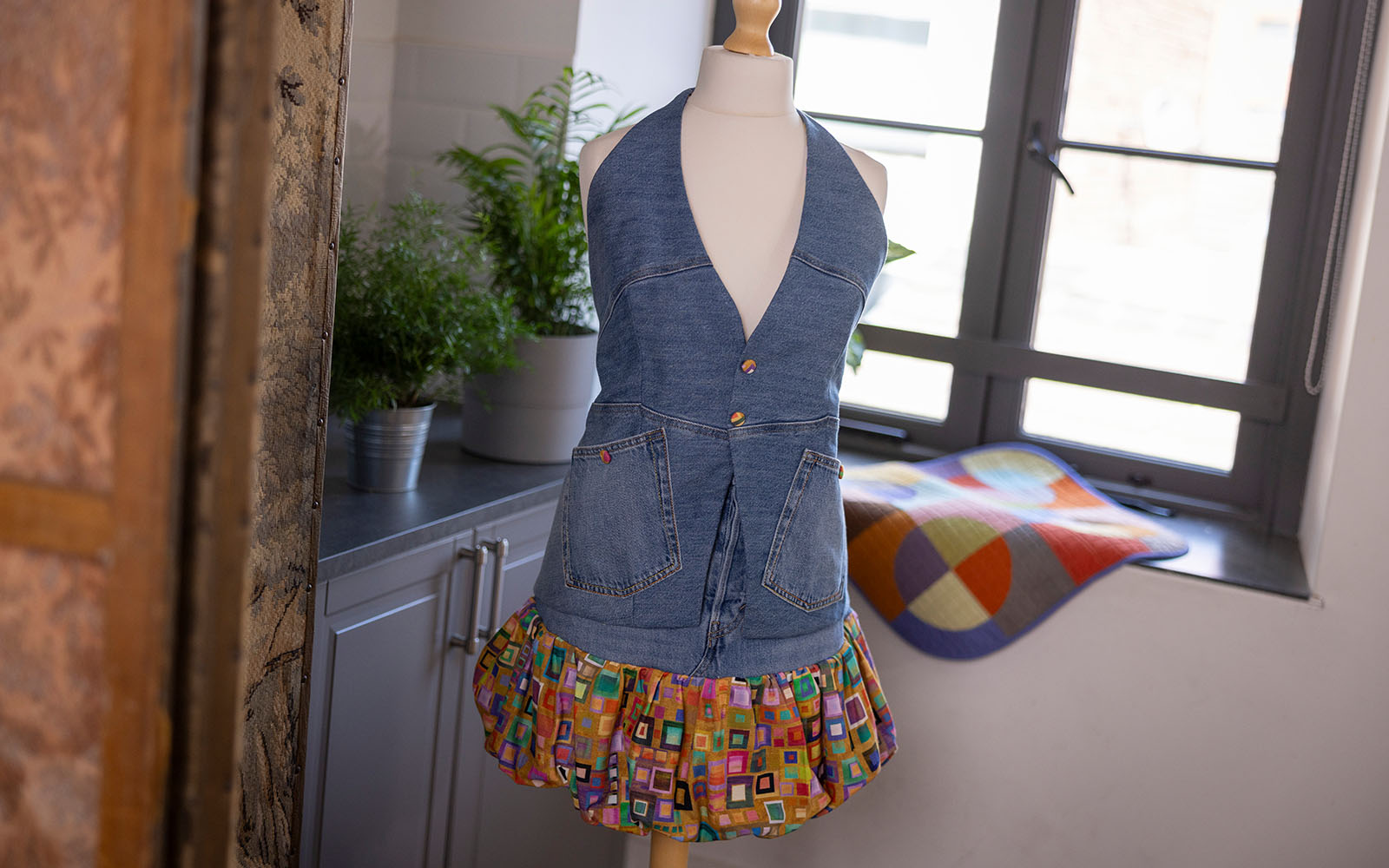 Upcycled denim bubble skirt and waistcoat