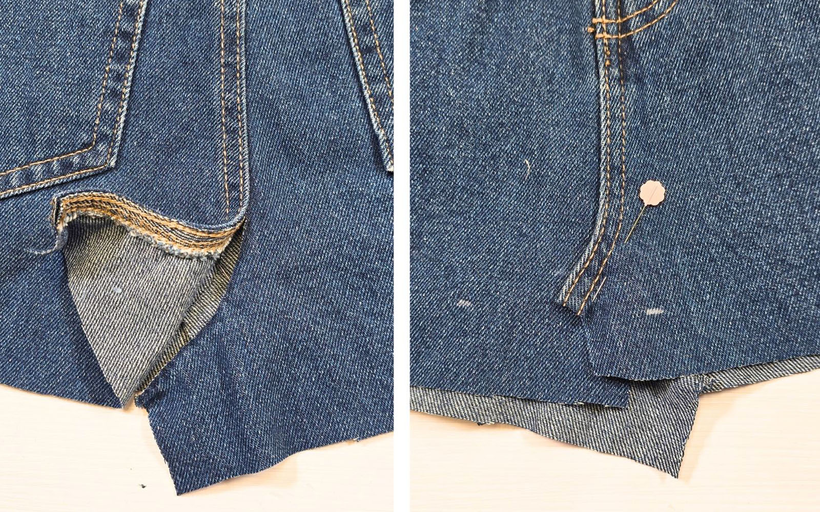 Upcycled denim jeans crotch detail with pin