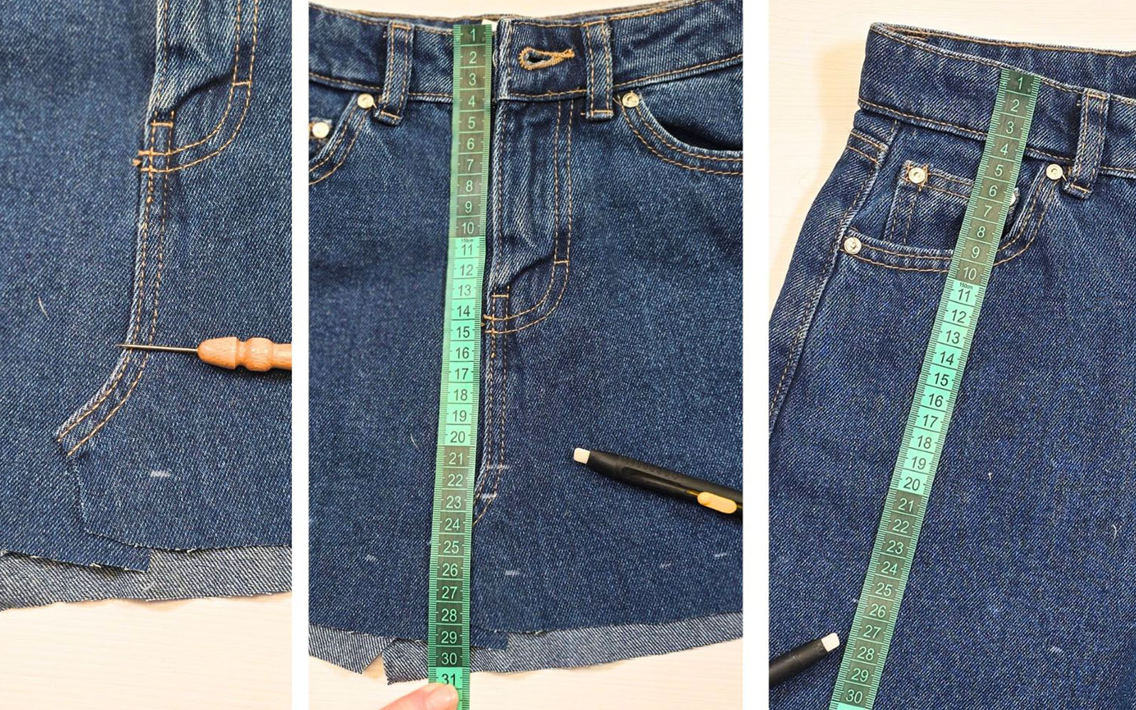 Denim jeans upcycled skirt being measured with tape