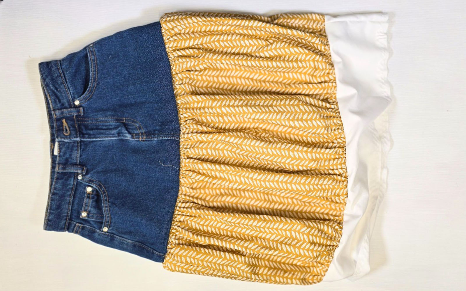 Denim and yellow skirt with white edge